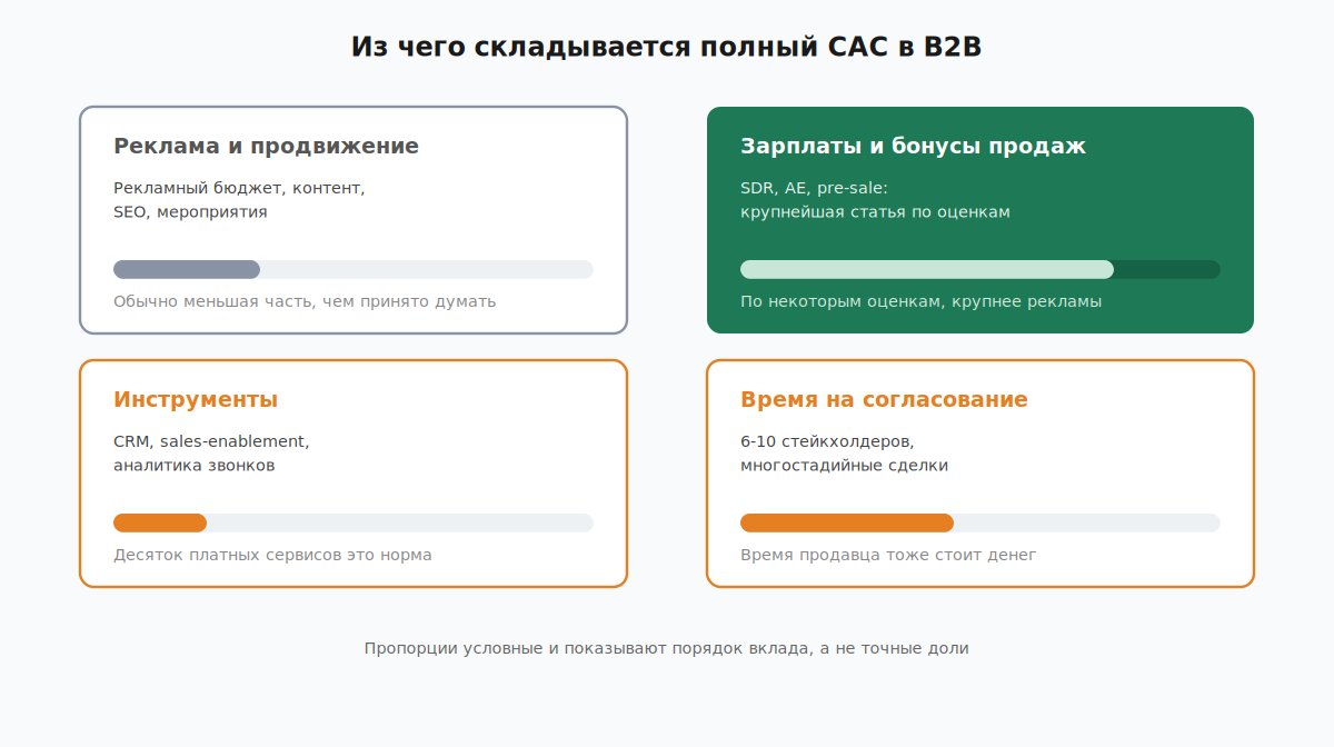 Из чего складывается полный CAC в B2B: реклама, зарплаты продаж, инструменты, время на согласование