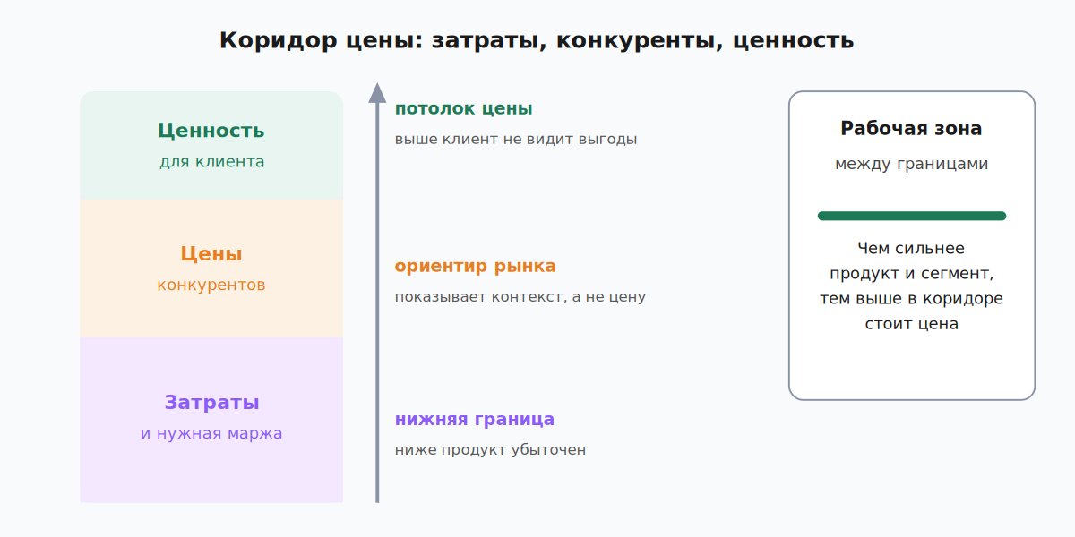 Коридор цены между затратами и ценностью для клиента с ориентирами рынка