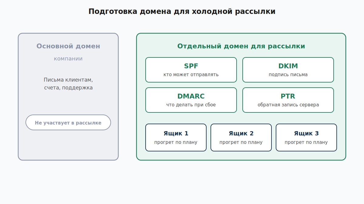 Схема настройки домена для холодной рассылки: SPF, DKIM, DMARC, PTR и ящики