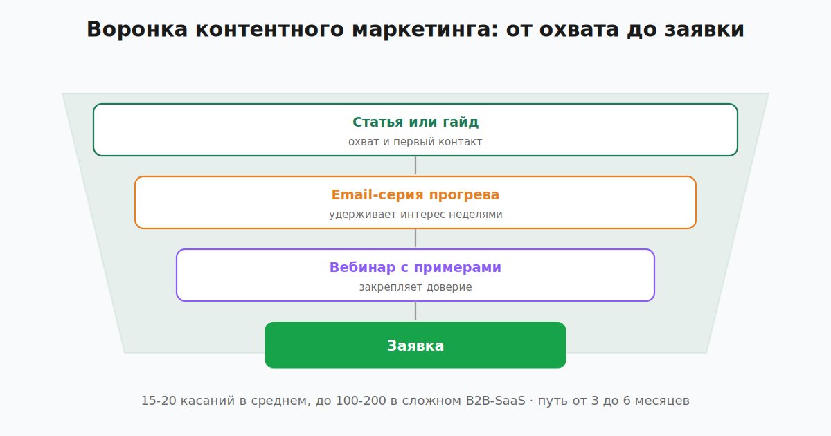 Воронка контентного маркетинга в B2B от охвата до заявки с примерным таймлайном