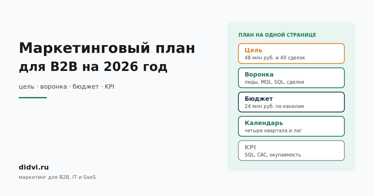 Обложка статьи о маркетинговом плане для B2B с одностраничной схемой из пяти блоков