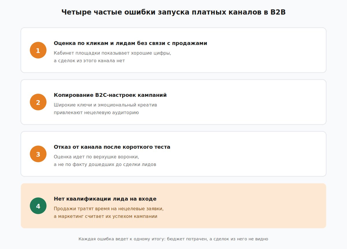 Четыре частые ошибки запуска платных каналов в B2B и их последствия