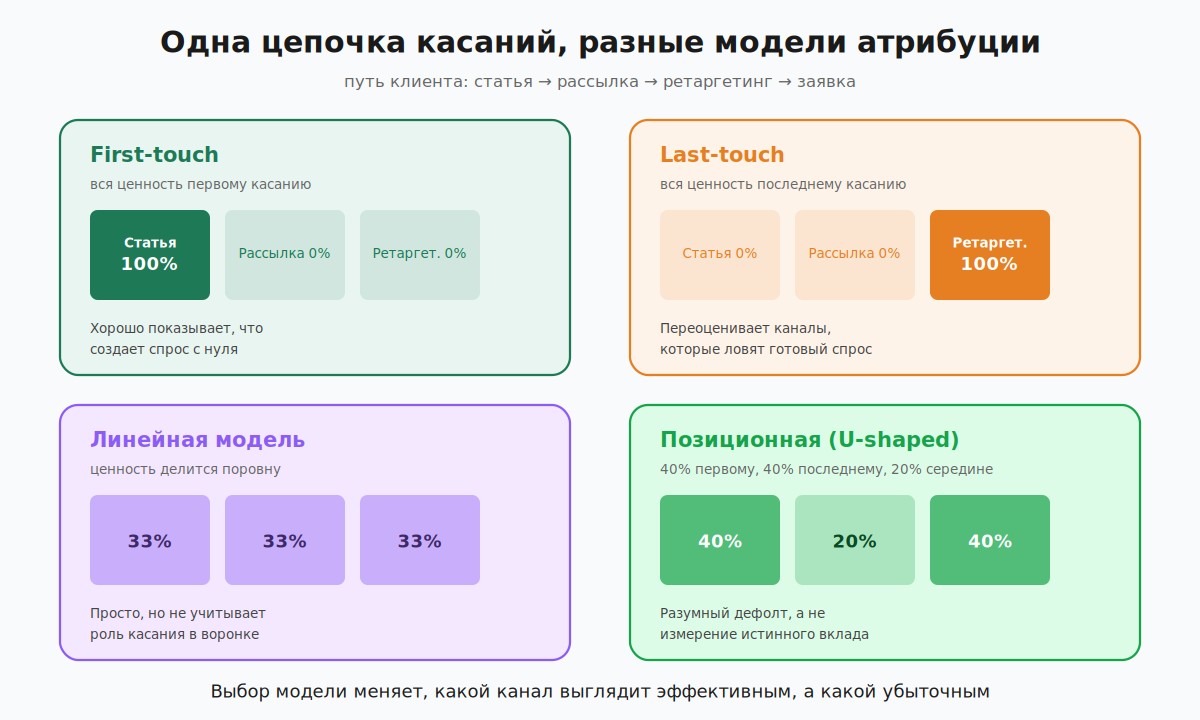Четыре модели атрибуции продаж: первое касание, последнее, линейная, позиционная