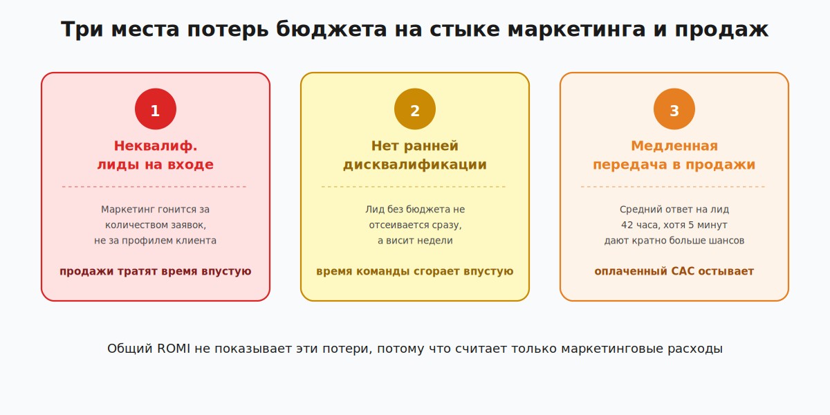 Три типовых места потерь бюджета в B2B-маркетинге: лиды, дисквалификация, передача в продажи