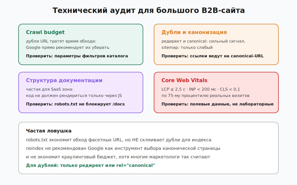 Чек-лист технического SEO-аудита для большого B2B-сайта: crawl budget, дубли, документация, Core Web Vitals