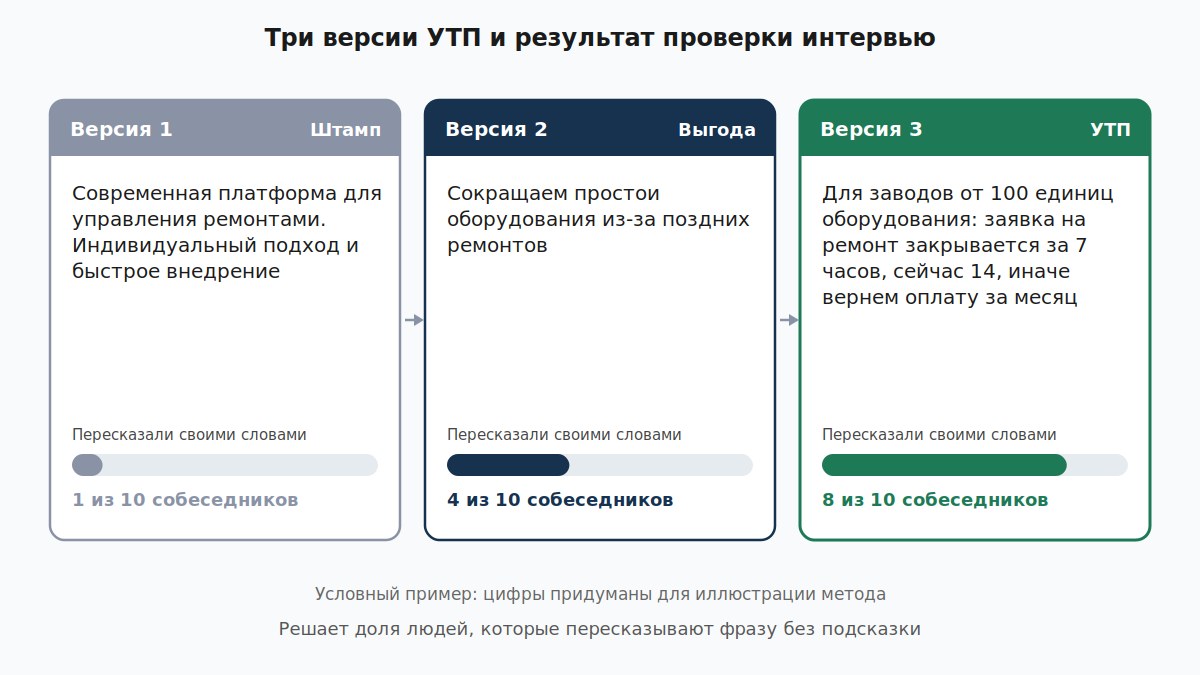 Условный пример: три версии УТП и доля собеседников, пересказавших их своими словами