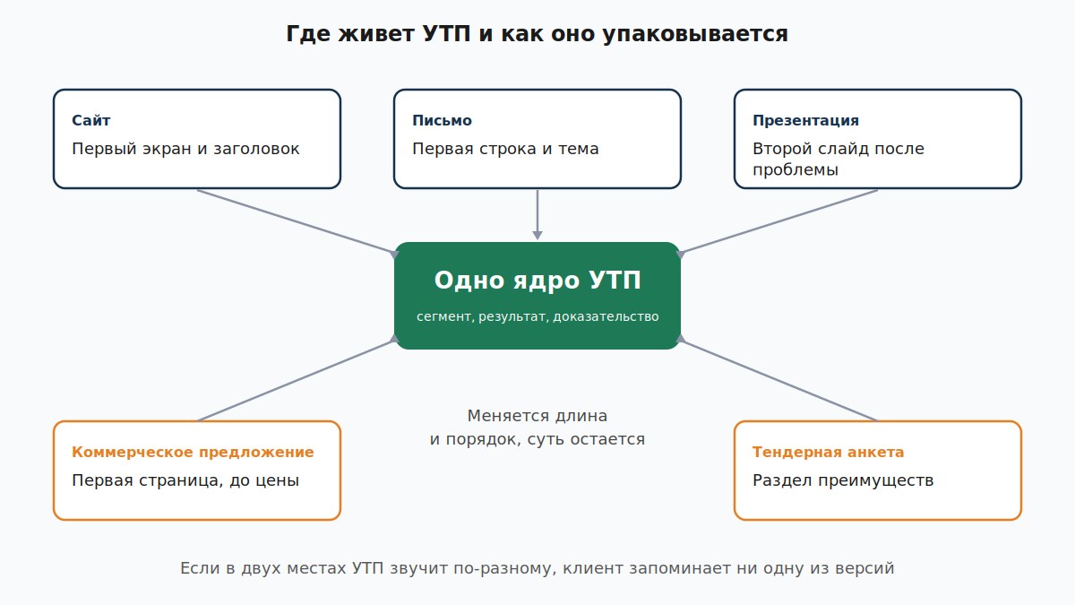 Одно ядро УТП и пять мест его размещения: сайт, письмо, презентация, КП и тендерная анкета